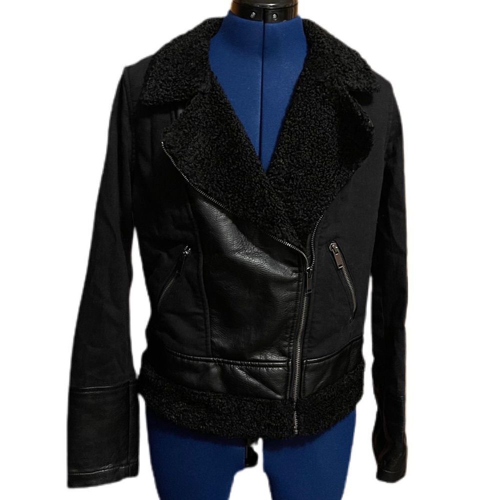 Rock & Republic Women's Moto Aviator Jacket Black‎ Size M Faux Shearling Lined